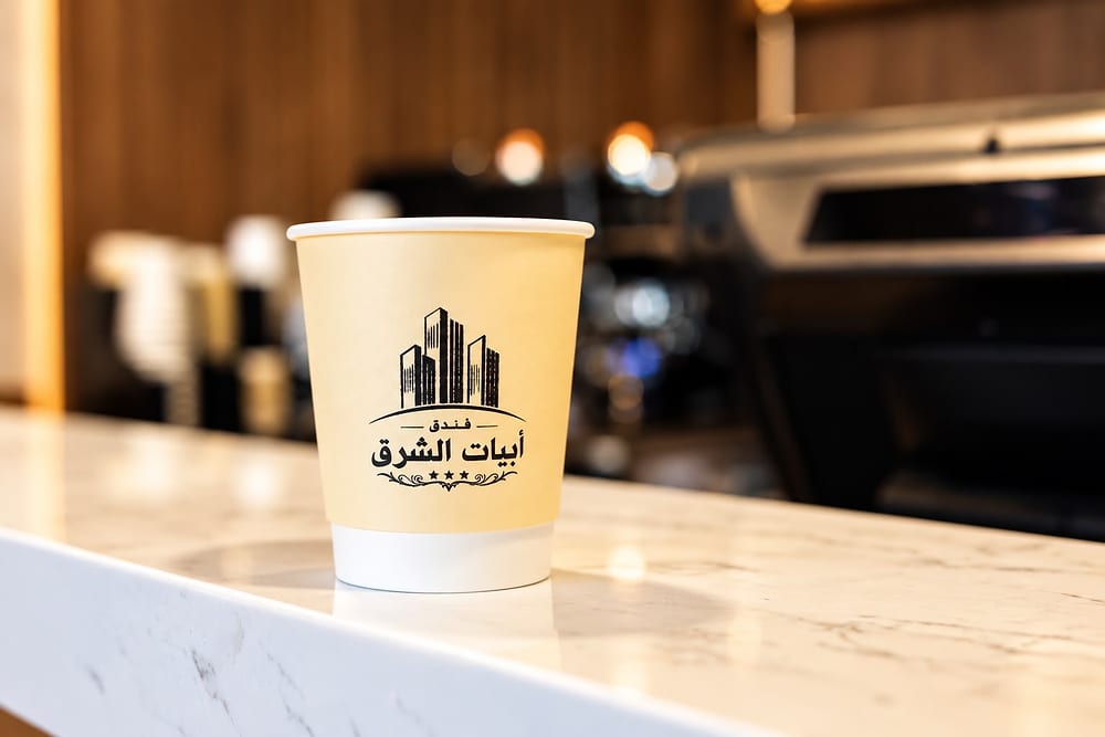 كوب قهوة ورقي يحمل شعار فندق أبيات الشرق على منضدة رخامية بيضاء، وخلفه آلة القهوة
