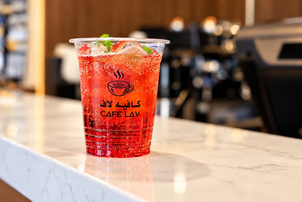 كوب مشروب أحمر فوّار مع شرائح الفراولة وأوراق النعناع، مطبوع عليه شعار كافيه لاف CAFE LAV